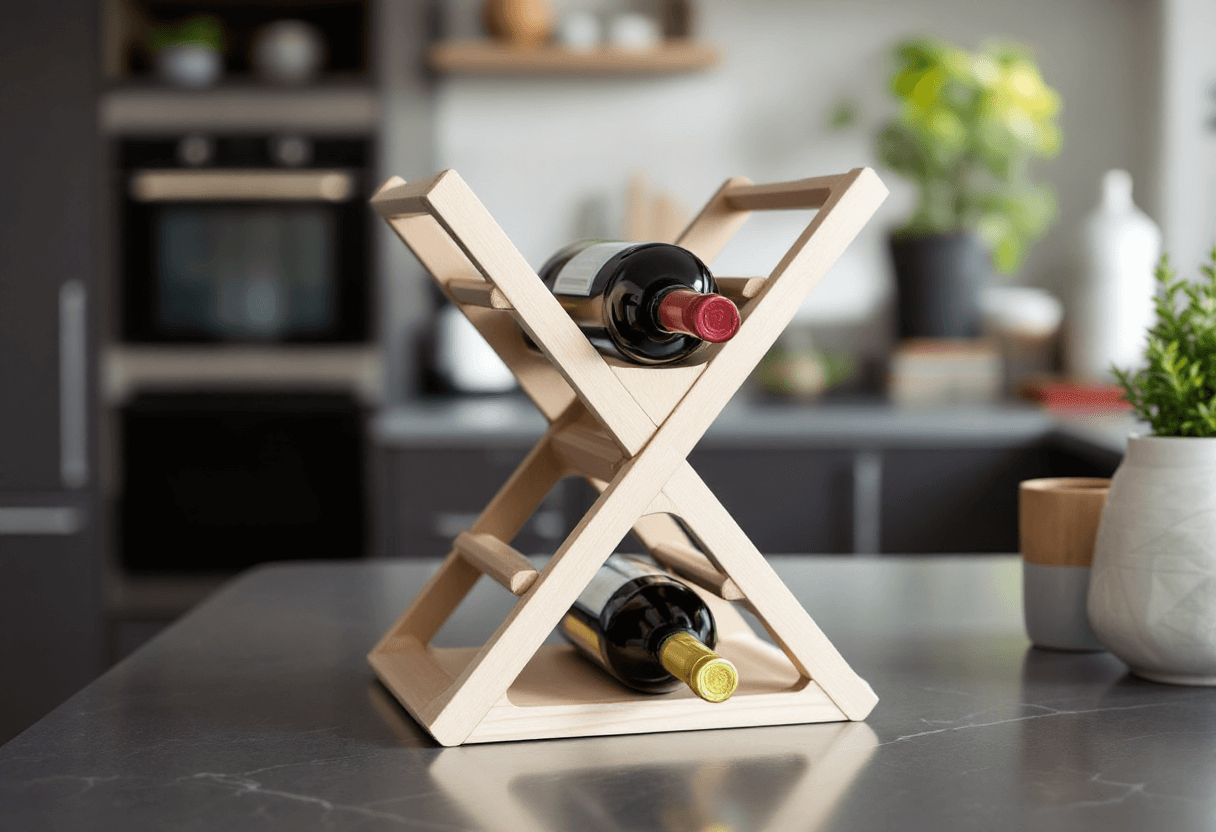 Petit casier à vin en hêtre dans cuisine moderne, arrière-plan flou