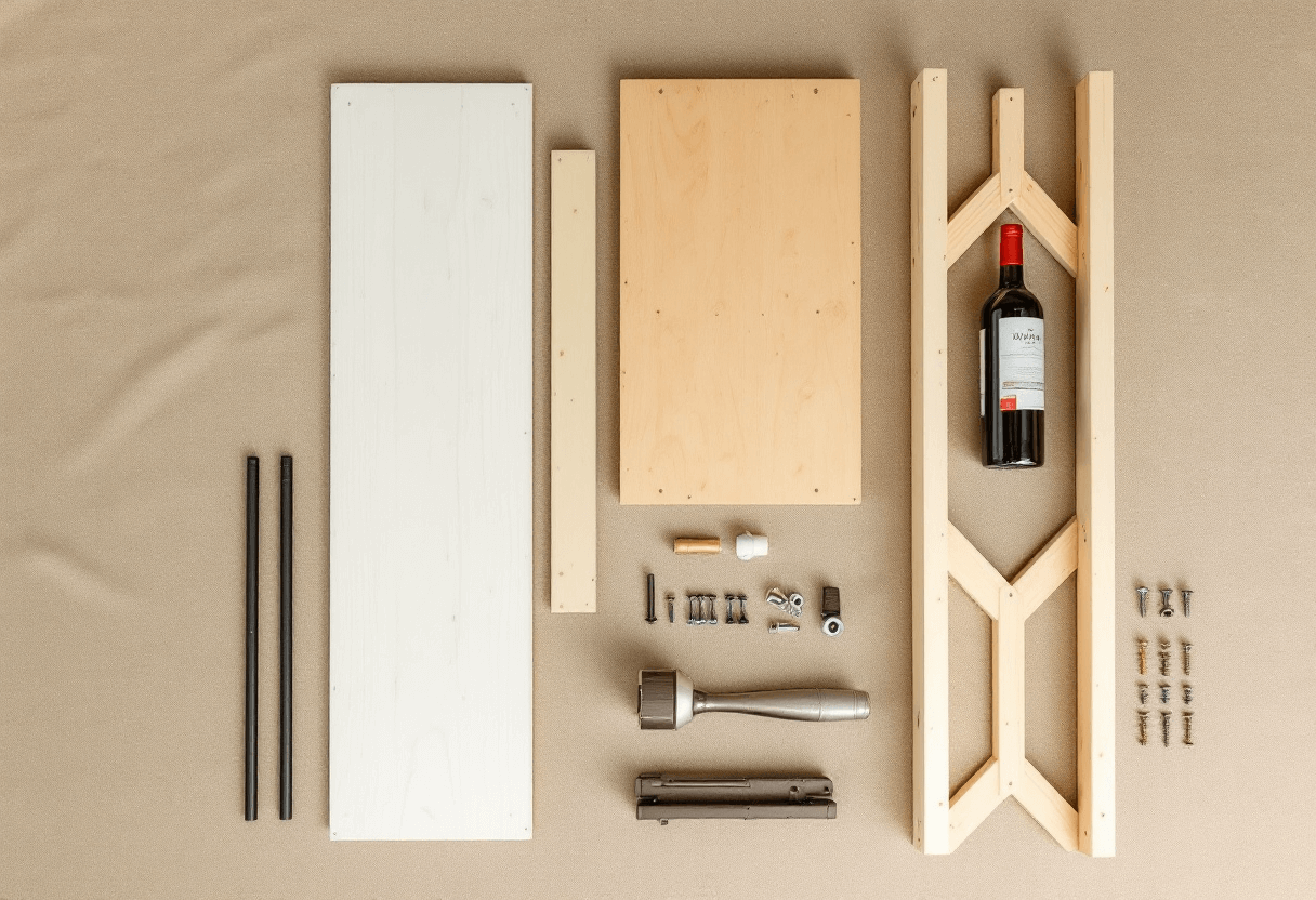 Éléments de casier à vin en bois en flat lay sur tissu beige, détails nets